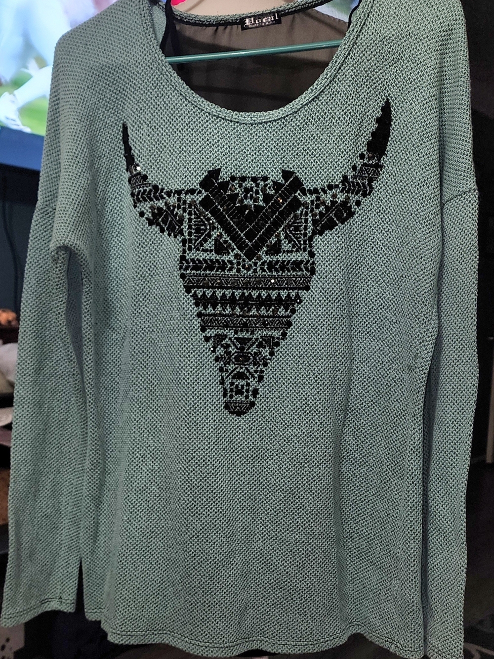 Vocal Lt Blue Crewneck Sweater with Black Embellished Bull Motif Sz XL
